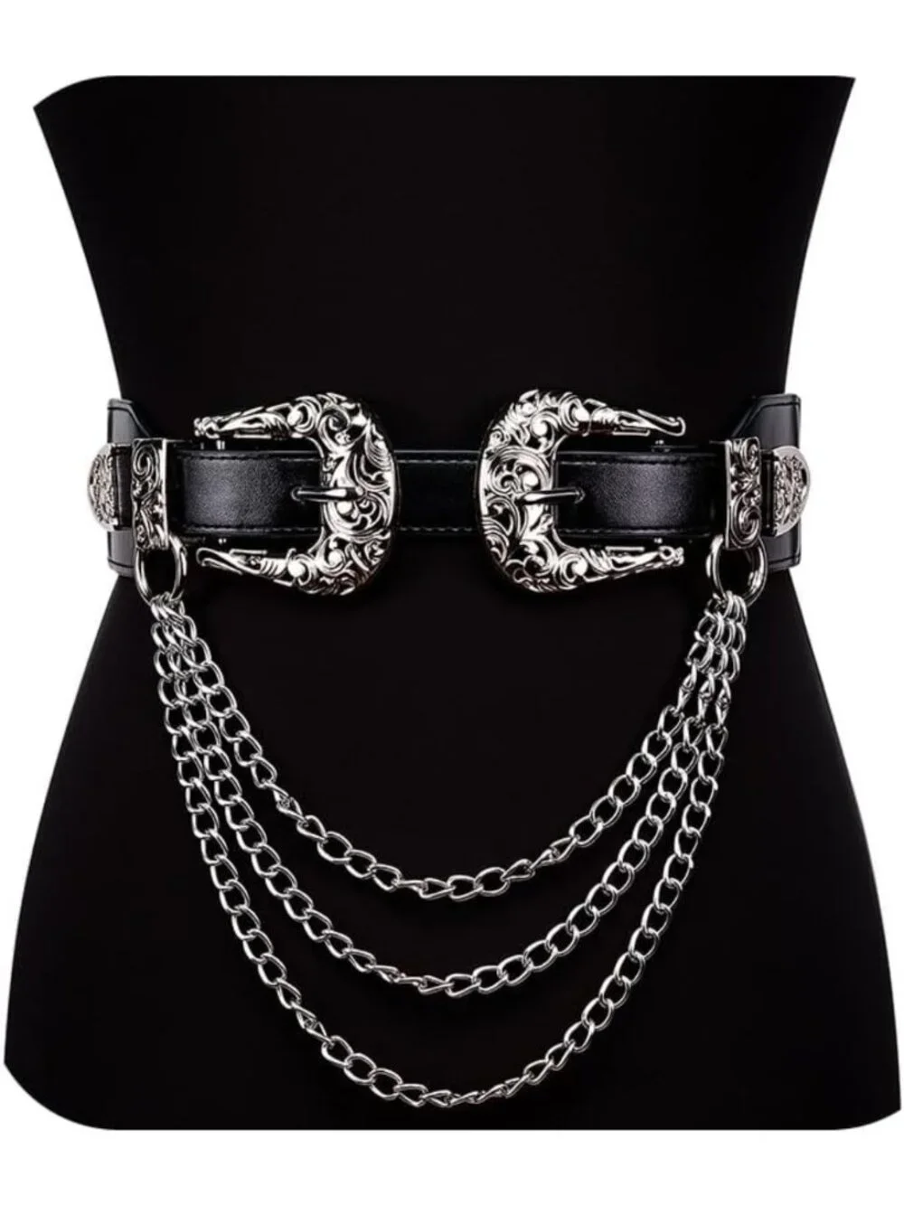 Vintage Western Leather Belt with Chain, Adjustable Double Buckle for Women’s